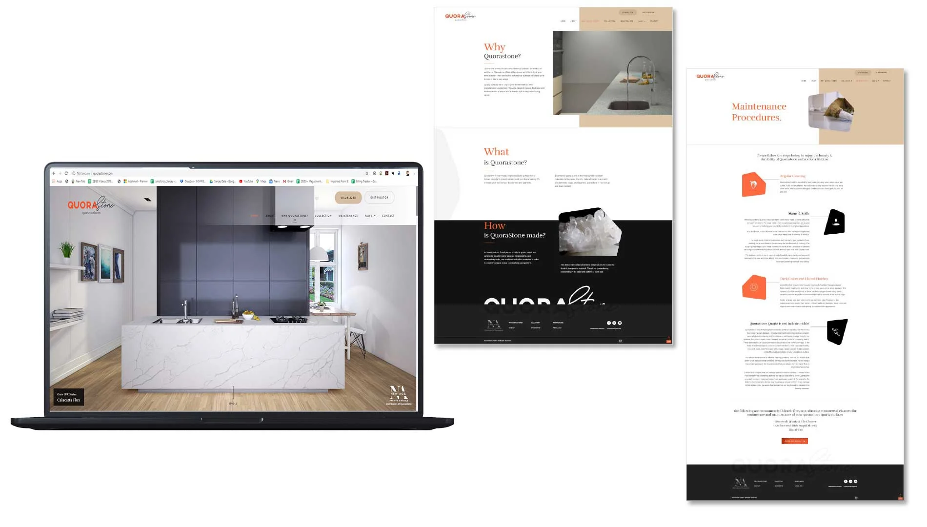 Website design showcasing modern kitchen and bathroom layouts | Quorastone