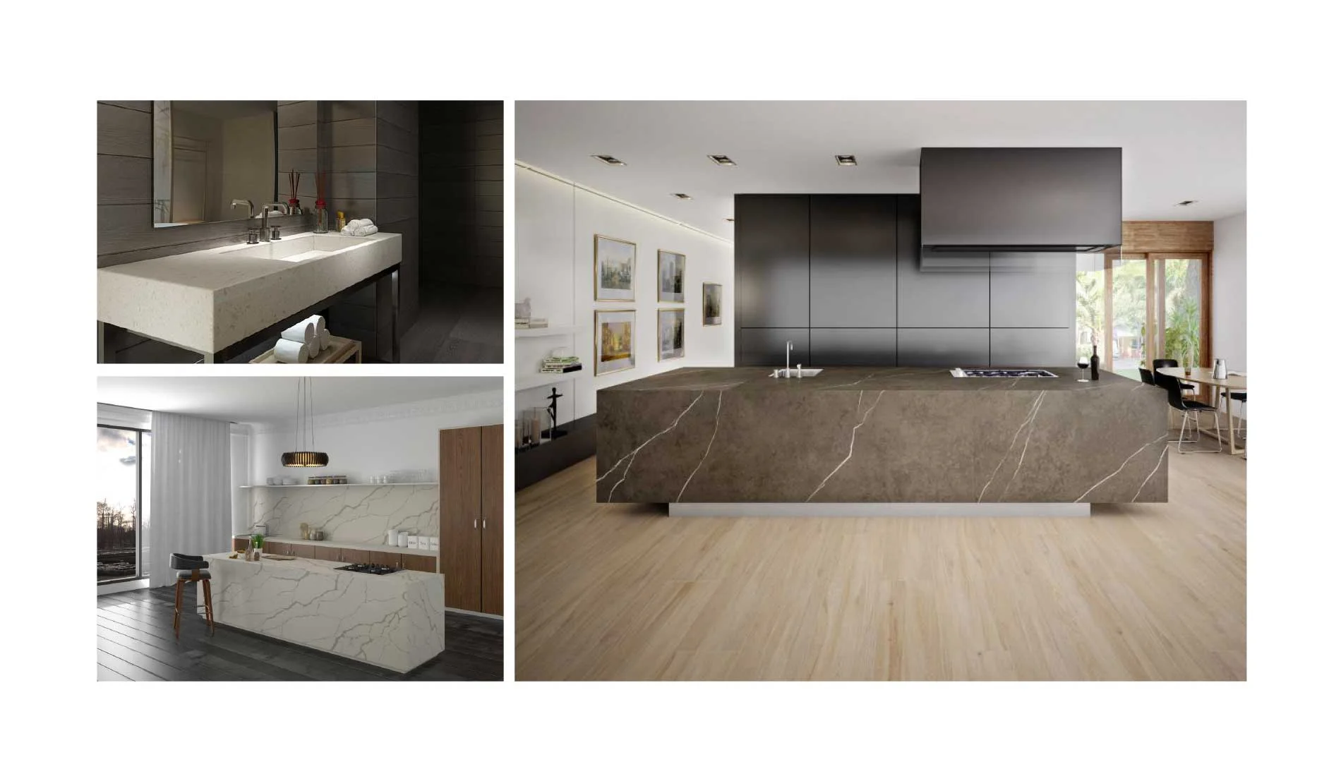 A collage featuring a kitchen, bathroom, and living room | Quorastone