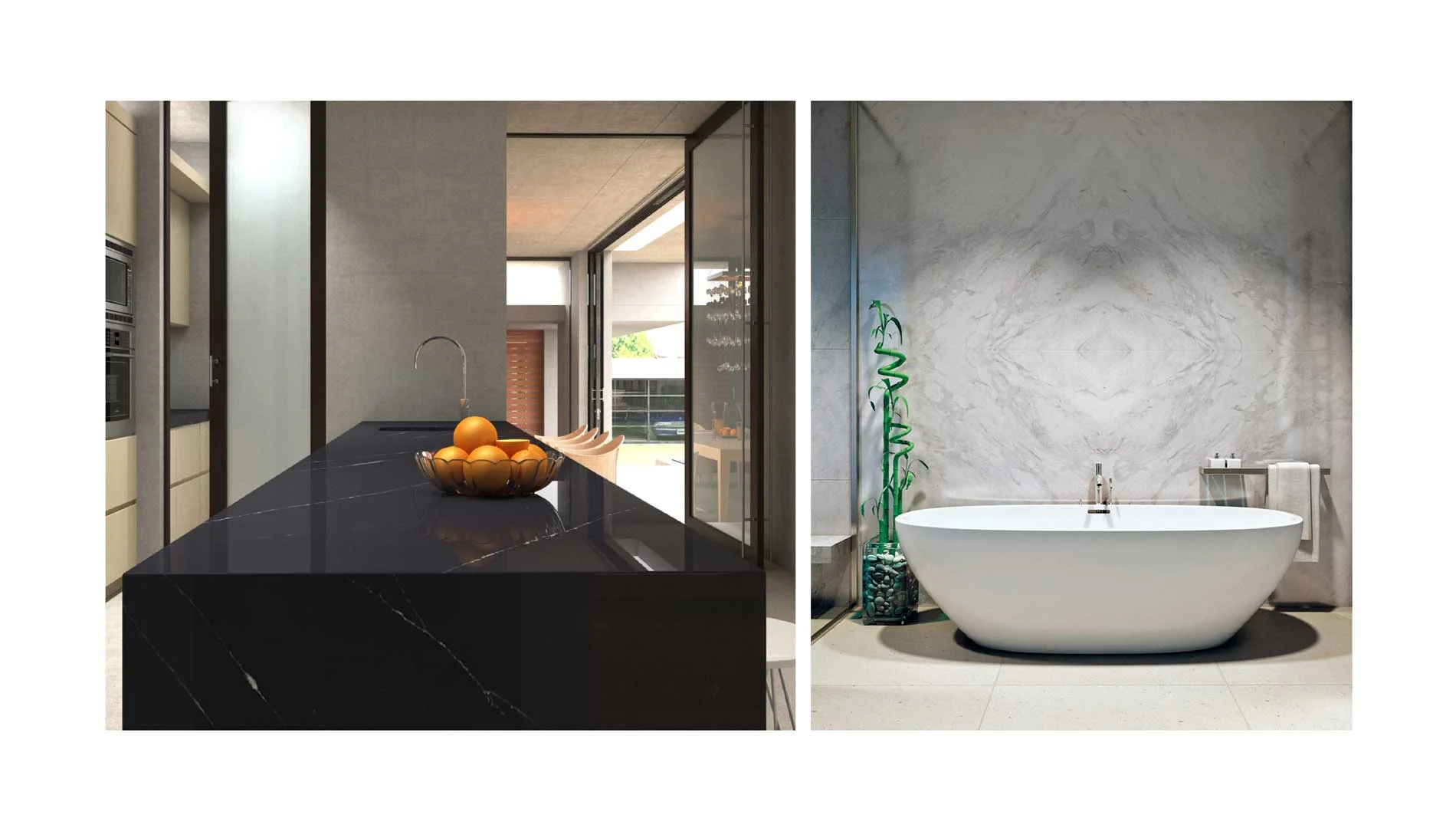 Two images of a bathroom featuring a bathtub and a sink | Quorastone