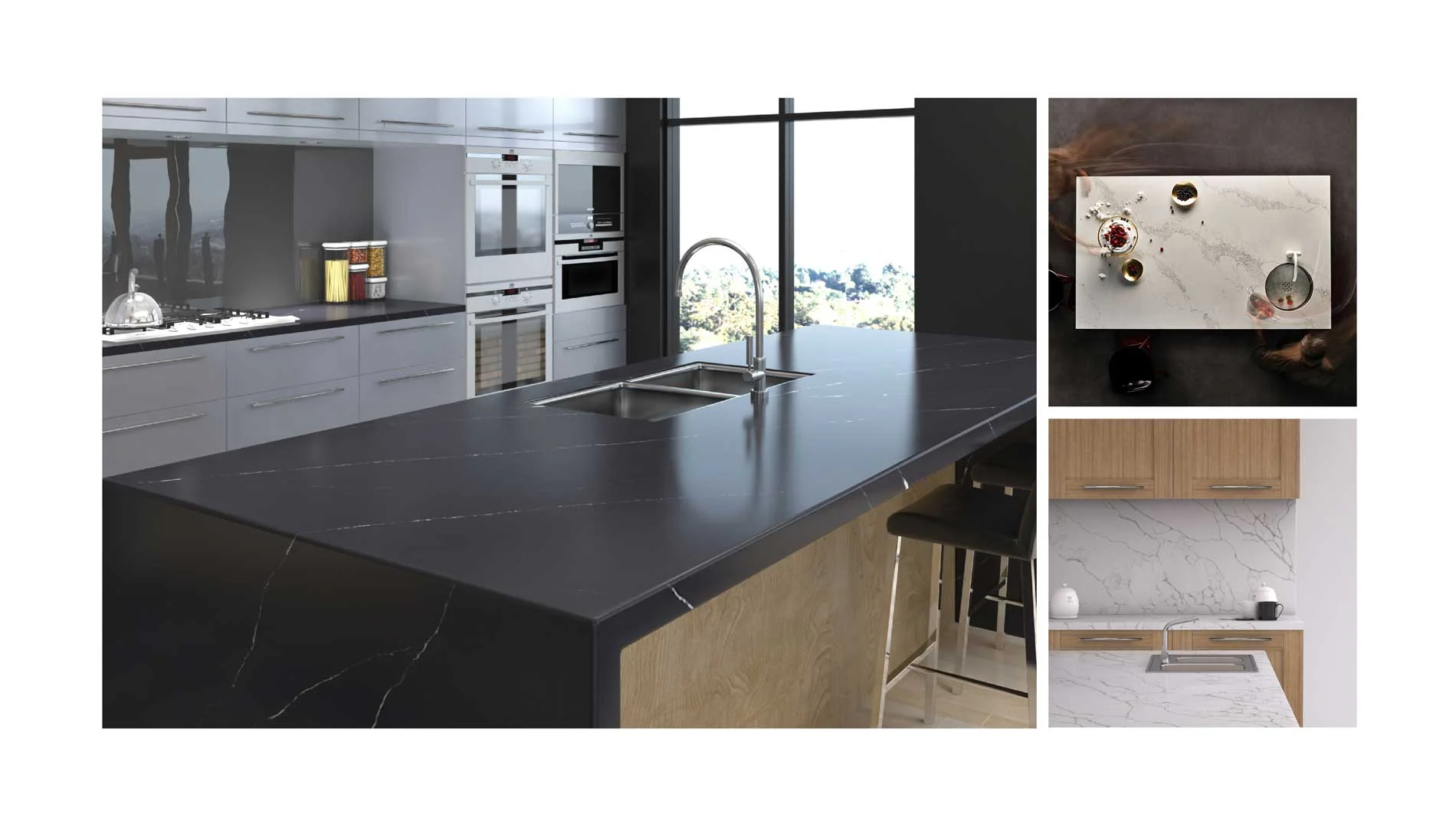 A collage featuring various kitchen countertops | Quorastone